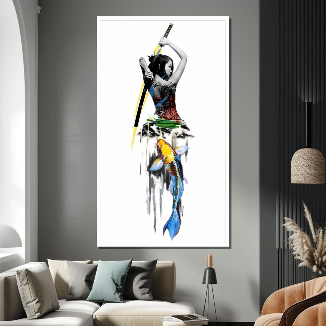Swordswoman Gripping A Katana Above A Golden Koi Fish Poster - Image 2