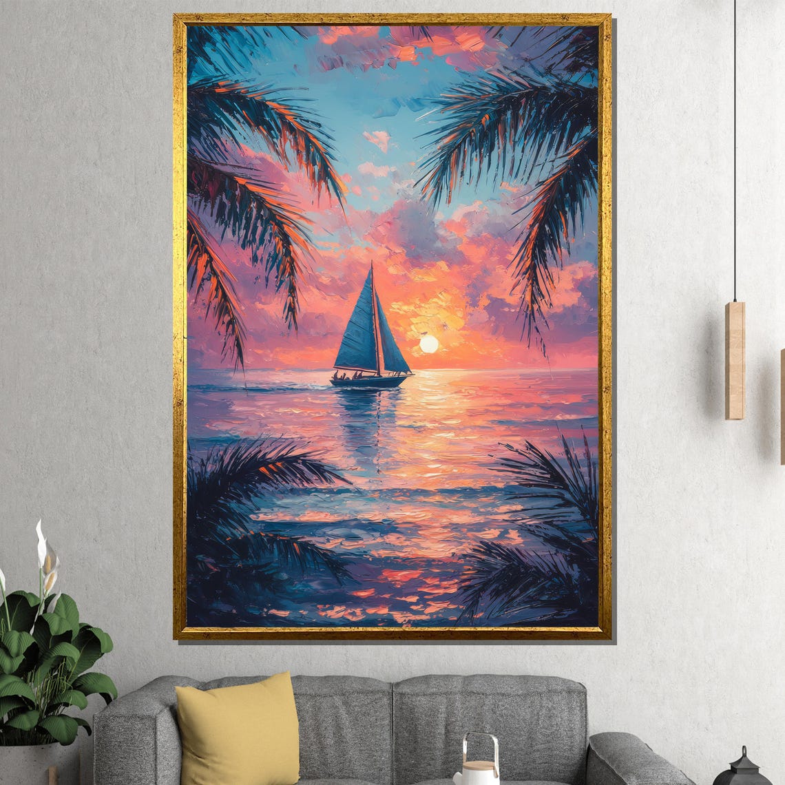Tropical Sunset Sailboat Framed By Palm Fronds Ocean Art Poster