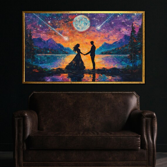 Romantic Starry Night Couple Moonlit Lake Shooting Stars Poster