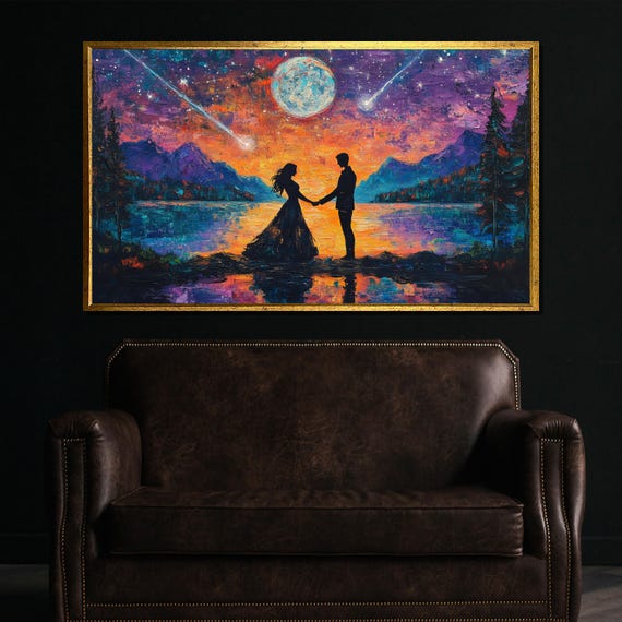 Romantic Starry Night Wall Art Silhouette Couple Under Moon And Shooting Stars Vibrant For Bedroom Living Room Anniversary Gift