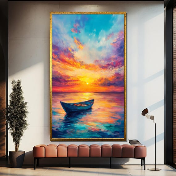 Colorful Sunset Boat Wall Art Framed Ocean Print Vibrant Coastal Artwork Large Nautical Dcor Gift For Home Or Office