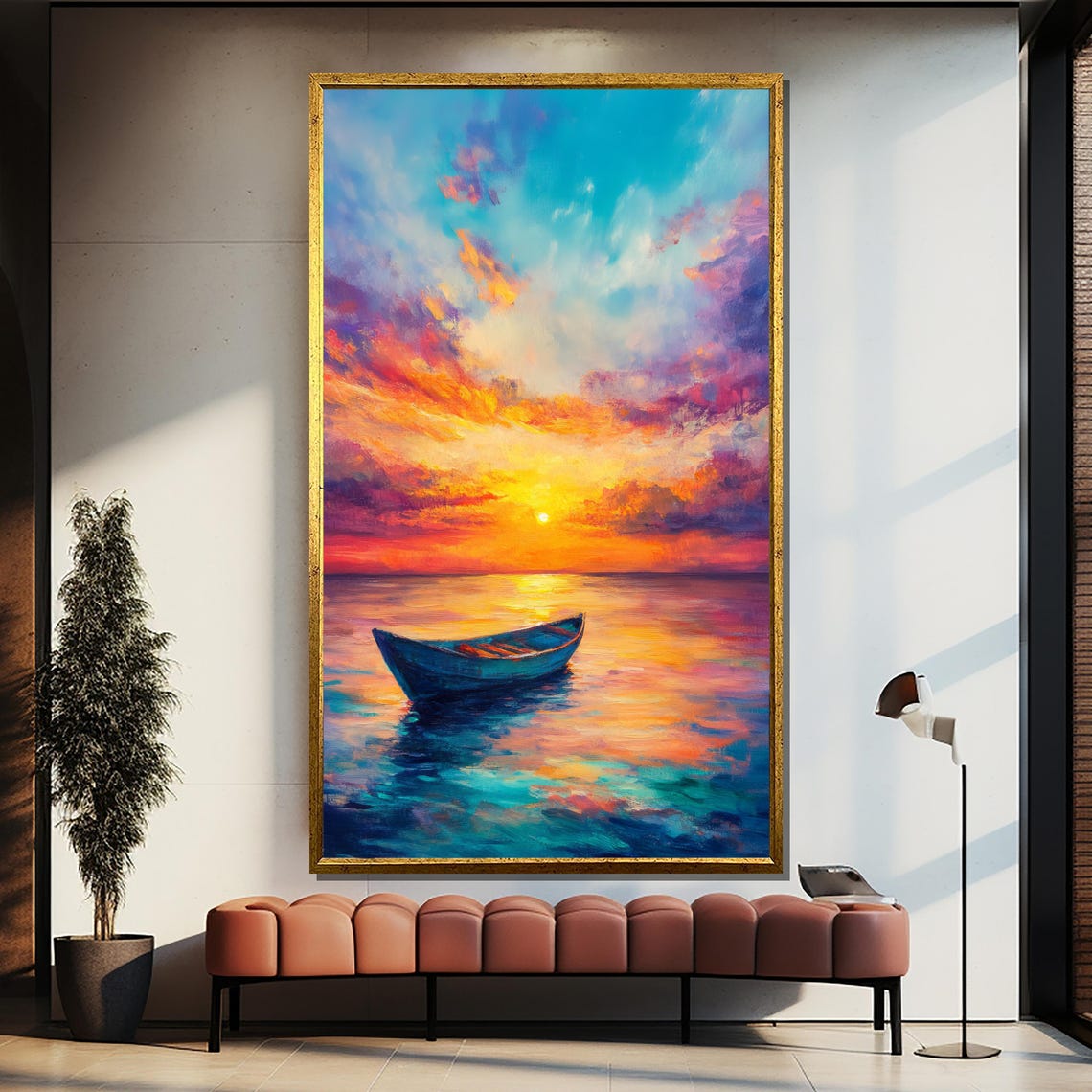 Colorful Vibrant Sunset Rowboat on Calm Ocean Seascape Poster