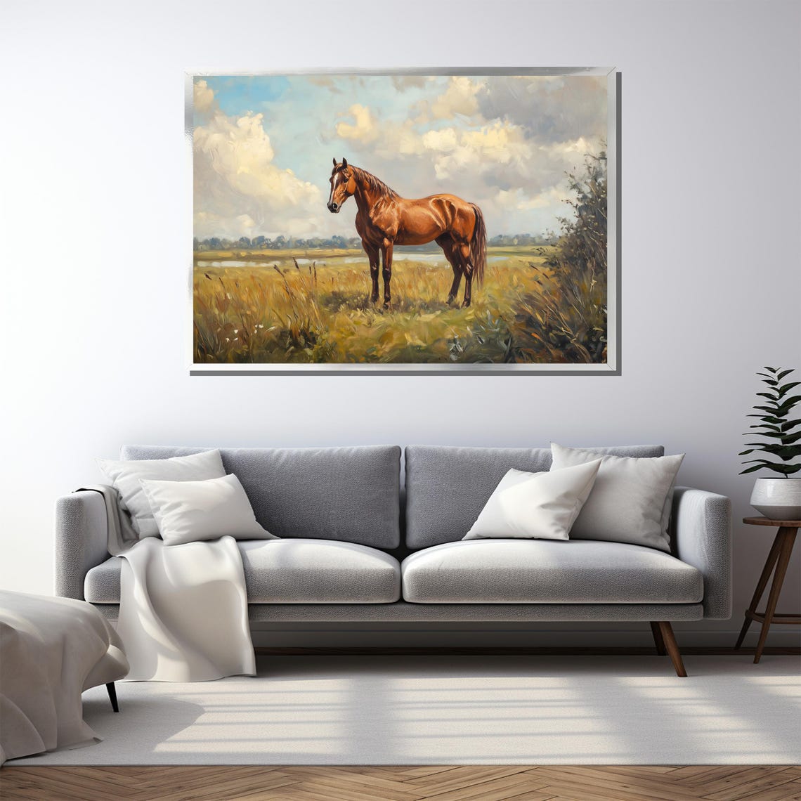 Chestnut Horse Standing In Golden Meadow Cloudy Sky Vintage Poster - Image 3