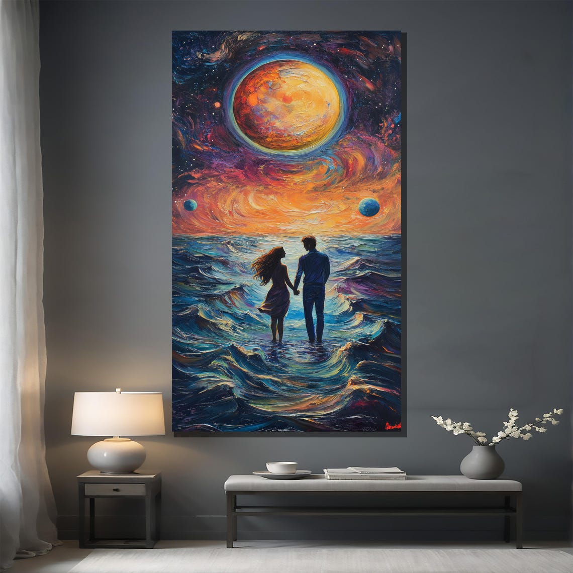 Cosmic Ocean Lovers Under Planetary Sky Vibrant Fantasy Poster - Image 2