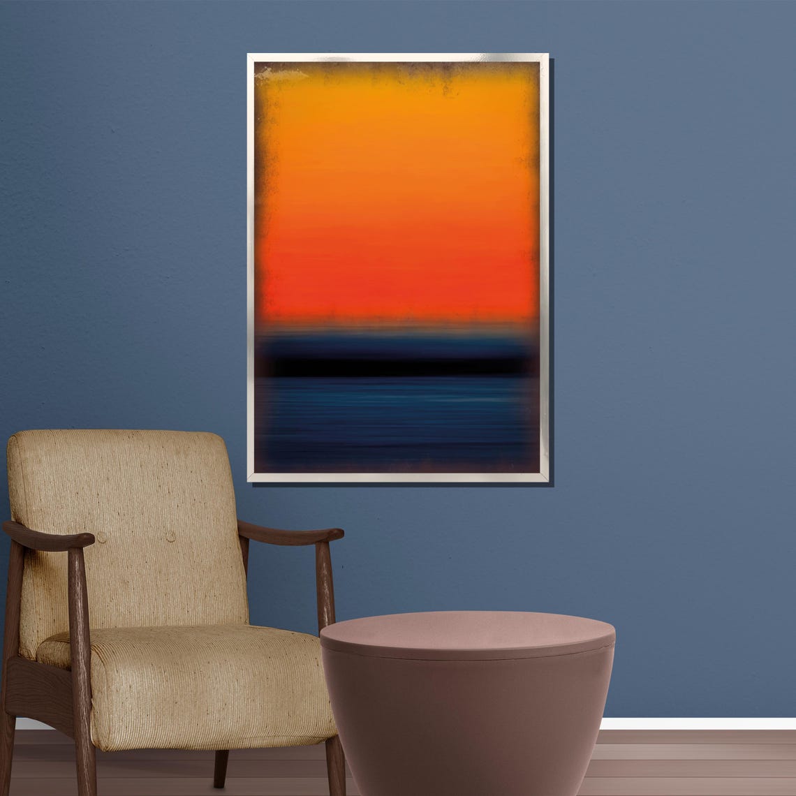 Vibrant Orange Sunset Over Deep Blue Sea Abstract Horizon Poster - Image 5