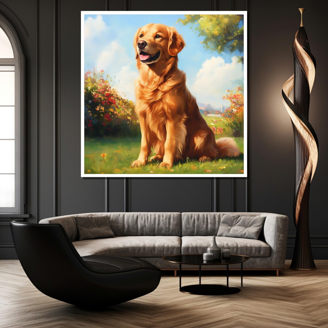 Golden Retriever Sitting In A Sunny Blooming Flower Garden Poster - Image 2