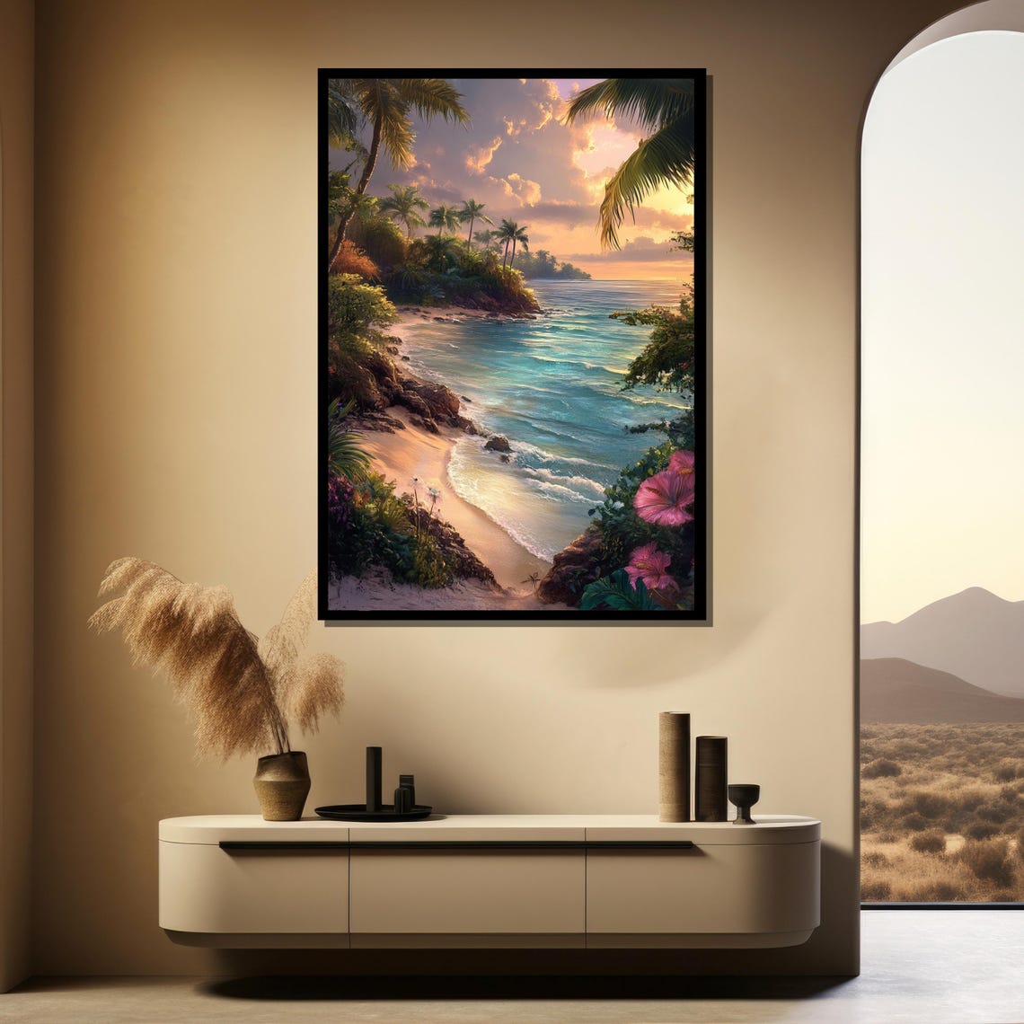 Tropical Beach Cove Sunset Palm Trees Hibiscus Ocean Waves Poster - Image 4