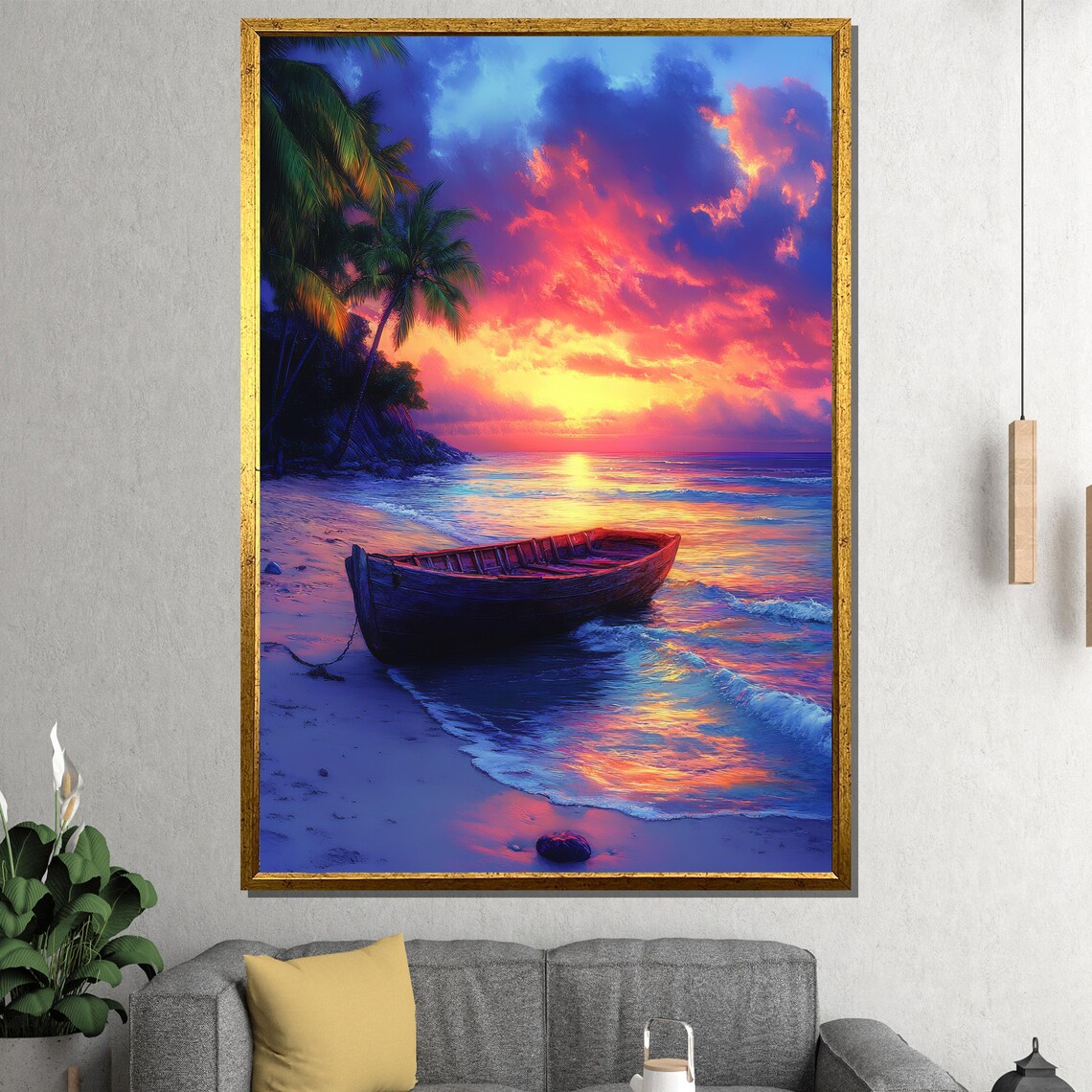 Stunning Wooden Boat Tropical Sunset Vivid Purple Sky Poster