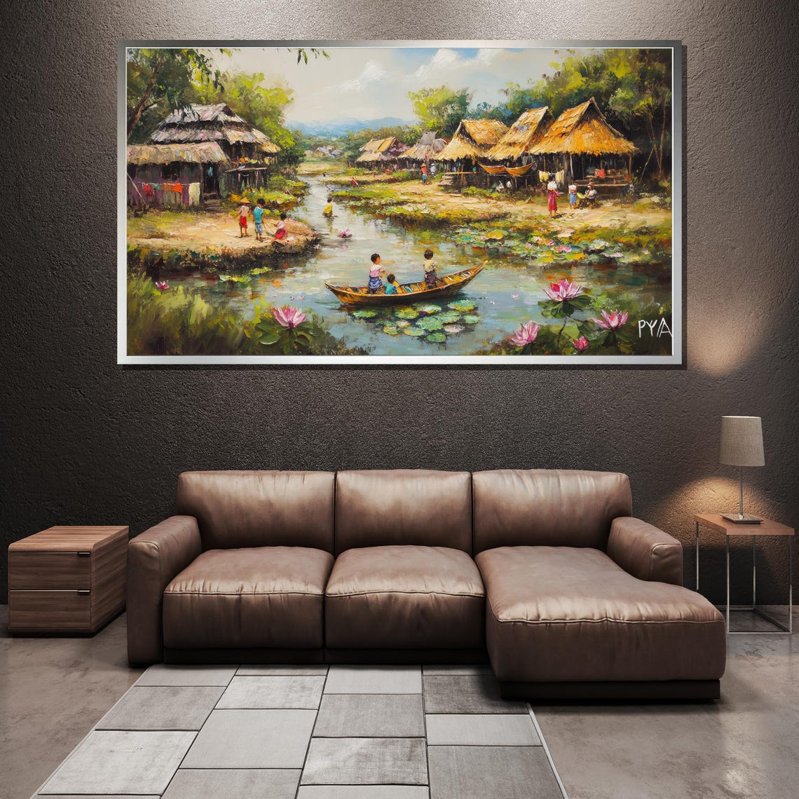 Village Life By The River Lotus Blossoms Thatched Huts Poster - Image 3