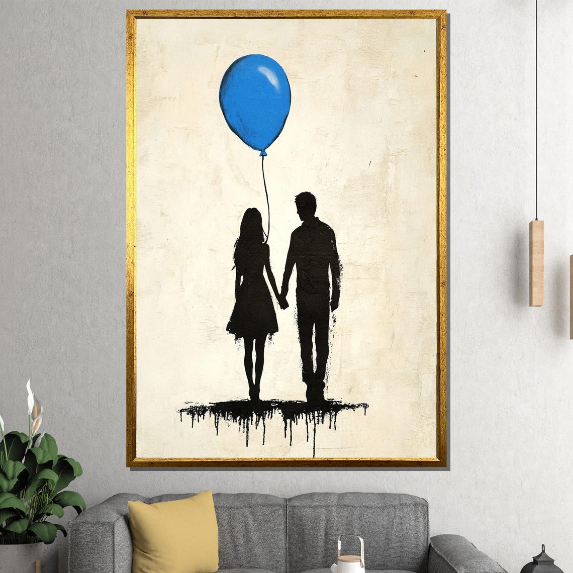 Couple Silhouettes Holding Hands Under a Blue Balloon Poster