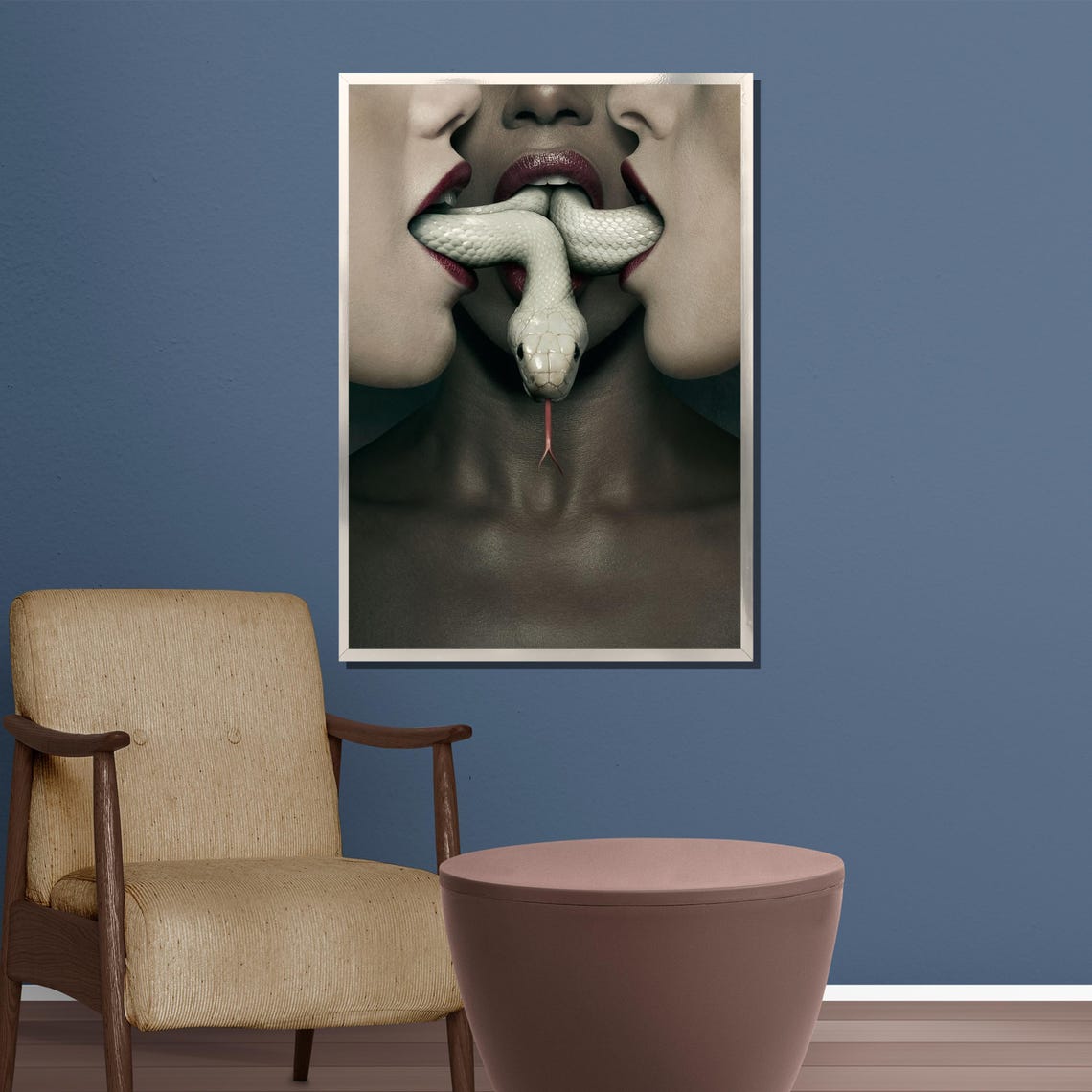 Surreal White Snake Emerging From Red Lips Dark Moody Poster - Image 4