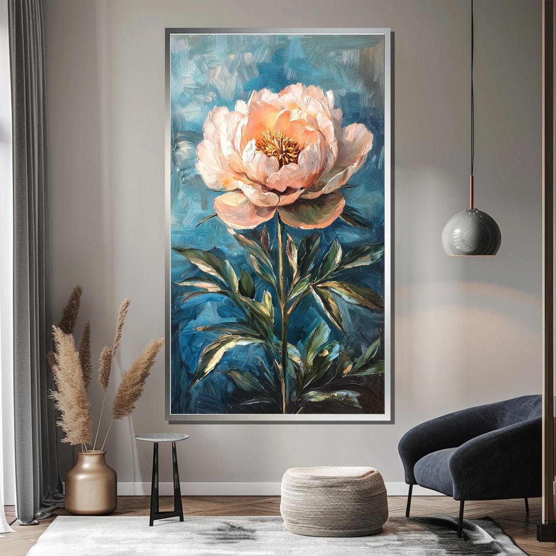 Blush Pink Peony Bloom On Deep Teal Blue Painterly Art Poster - Image 3