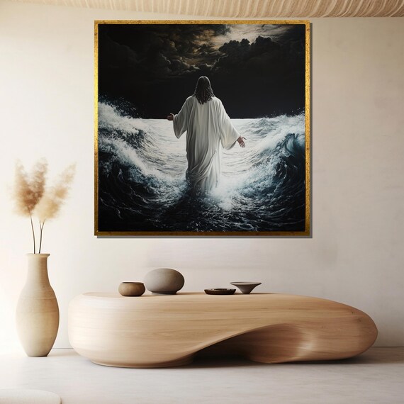 Jesus Walking on Water Dark Stormy Waves Arms Wide Open Poster