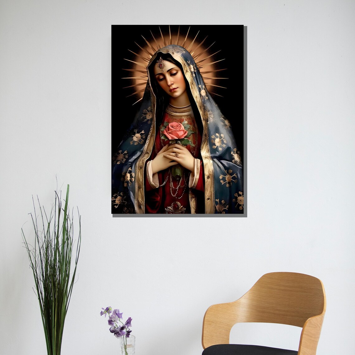 Virgin Mary Holding Rose Halo Guadalupe Style Religious Poster - Image 3