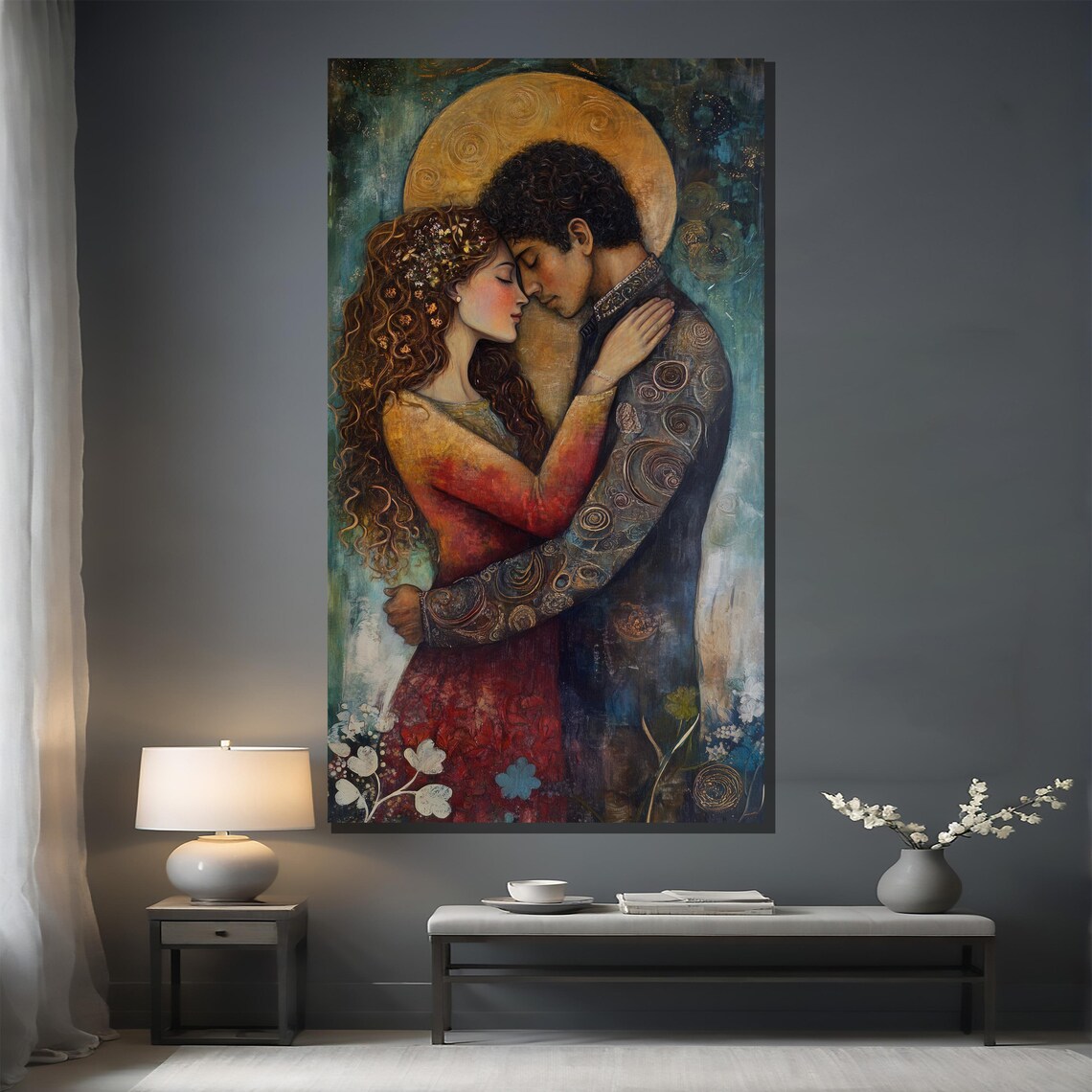 Bohemian Romantic Embrace Golden Halo Soulful Painting Poster - Image 2