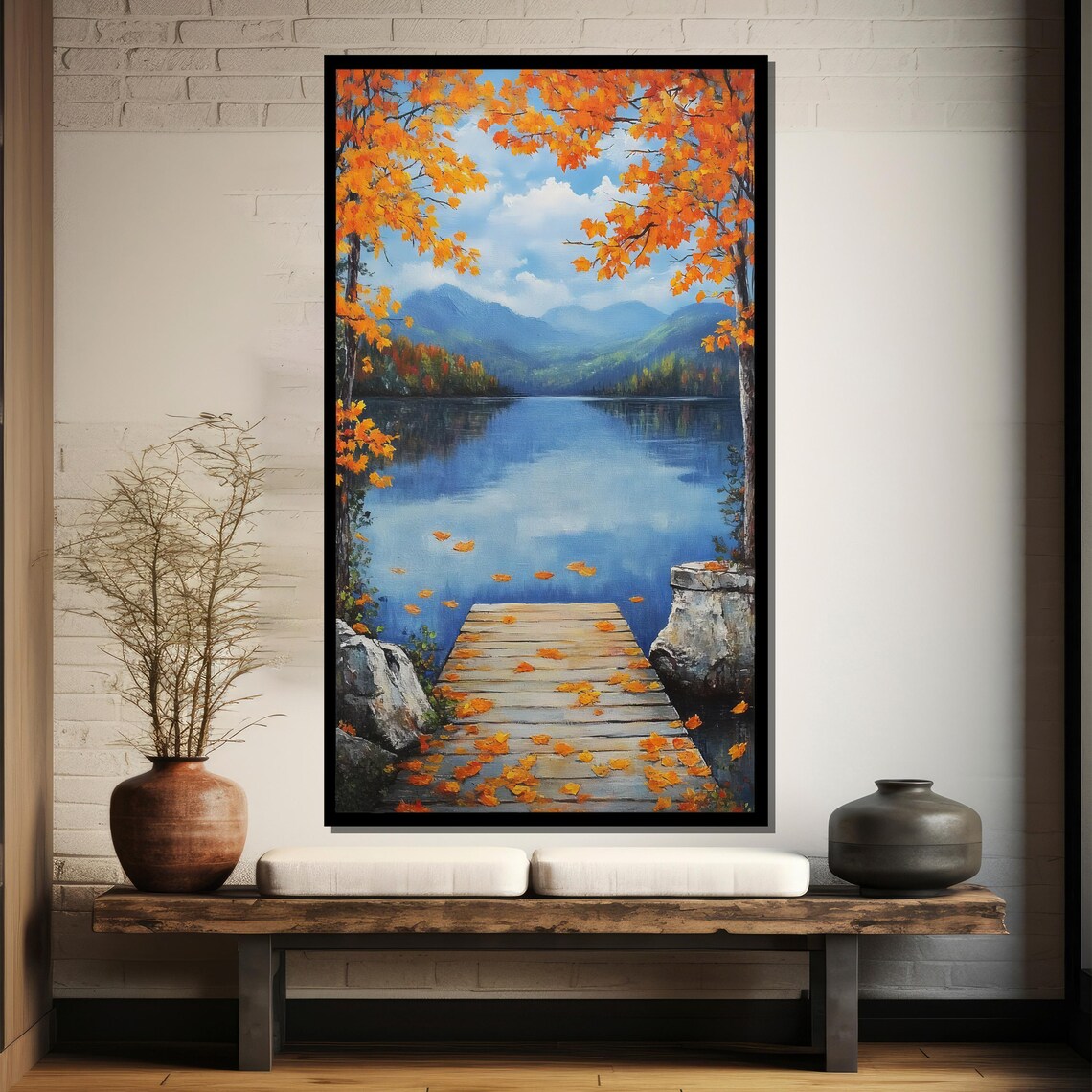 Autumn Lake With Wooden Dock Falling Maple Leaves Nature Poster - Image 4