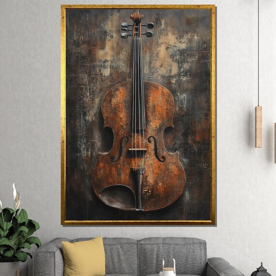 Rustic Vintage Violin Painting on a Dark Textured Canvas Poster