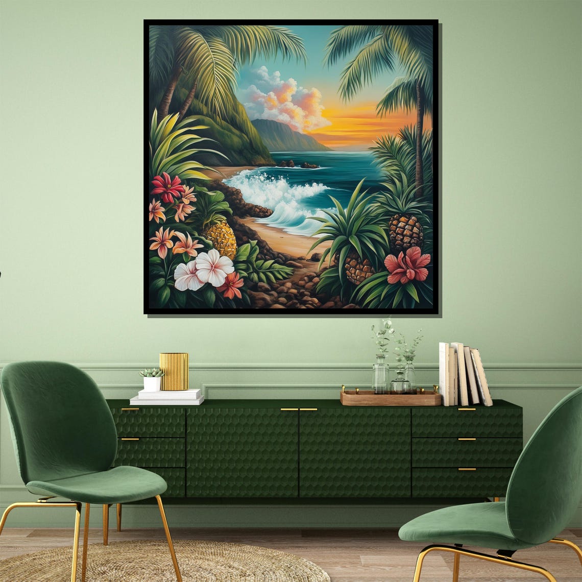 Hawaiian Sunset Palms Pineapples Hibiscus Beach Tropical Poster - Image 4