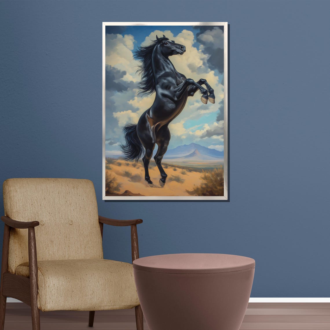 Black Stallion Rearing High Above Rugged Desert Mountains Poster - Image 3