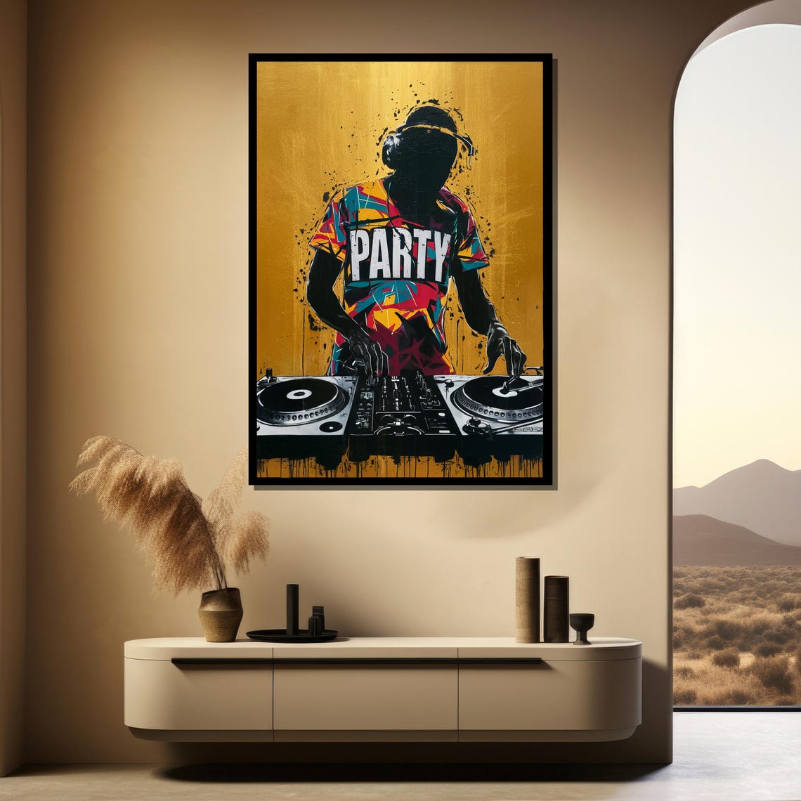 Silhouetted DJ Spinning Turntables On A Golden Background Poster - Image 4
