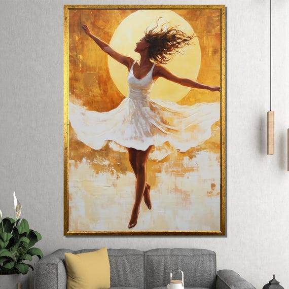 Dancing Woman In Golden Light Painting Elegant Wall Art Gift For Living Room Or Modern Home Decor