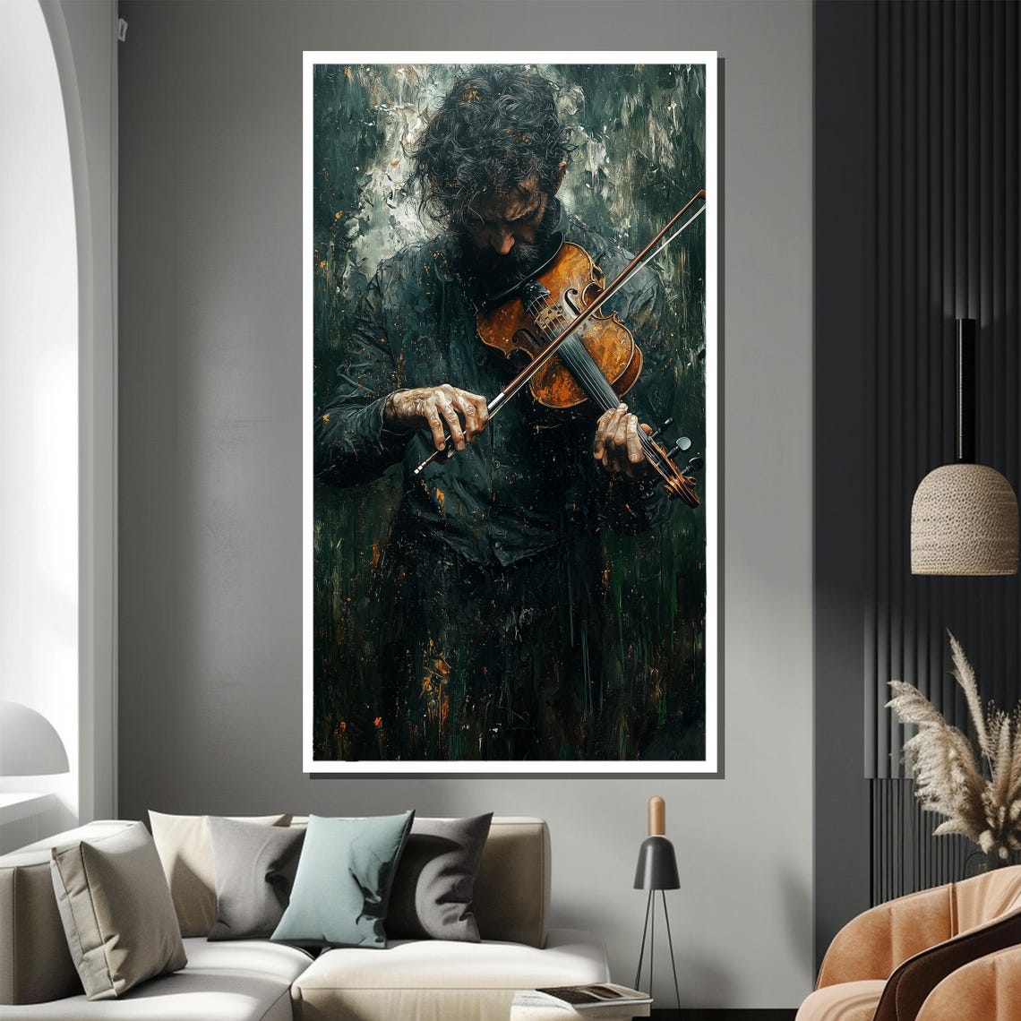 Moody Violinist Lost in Music Dark Green Expressive Oil Art Poster - Image 2