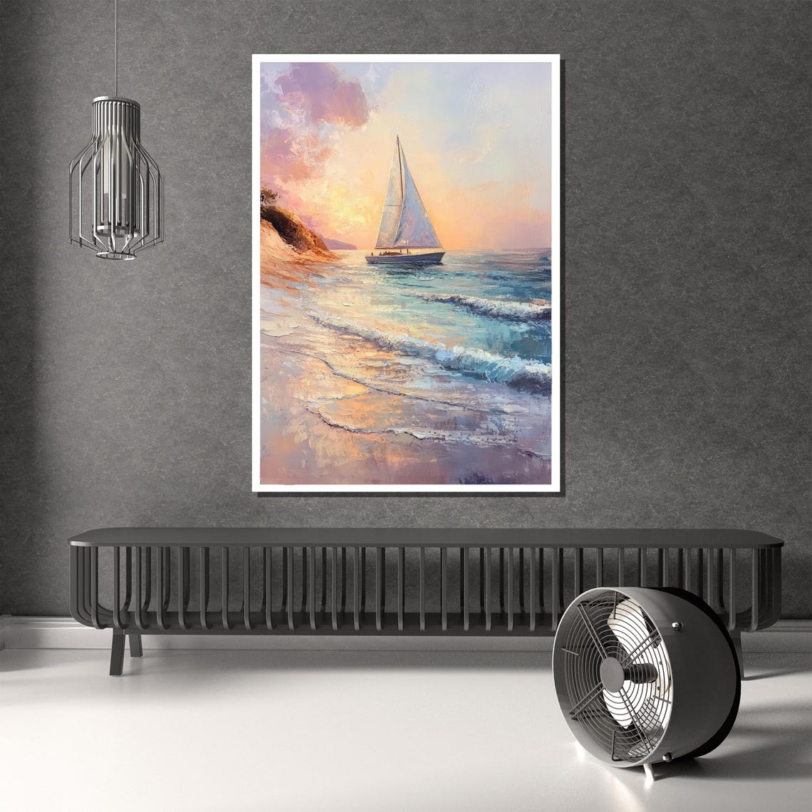 Soft Sunset Sailboat Near Beach Shoreline Pastel Ocean Art Poster - Image 2