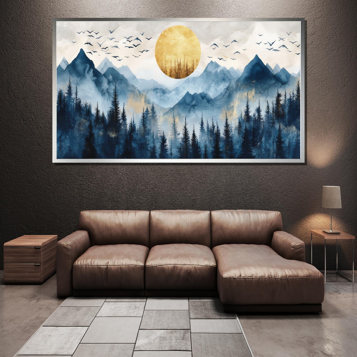 Golden Sun Over Misty Blue Mountain Forest Watercolor Art Poster - Image 3