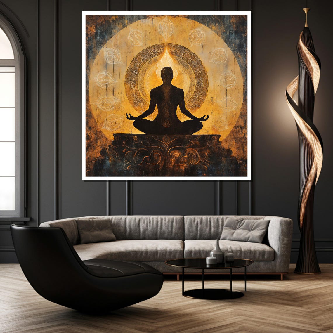 Dark Meditator Silhouette Before a Golden Flame Halo Art Poster - Image 2