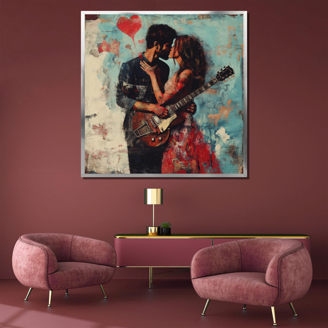 Romantic Music Lovers Sharing Guitar Kiss Abstract Art Poster - Image 4