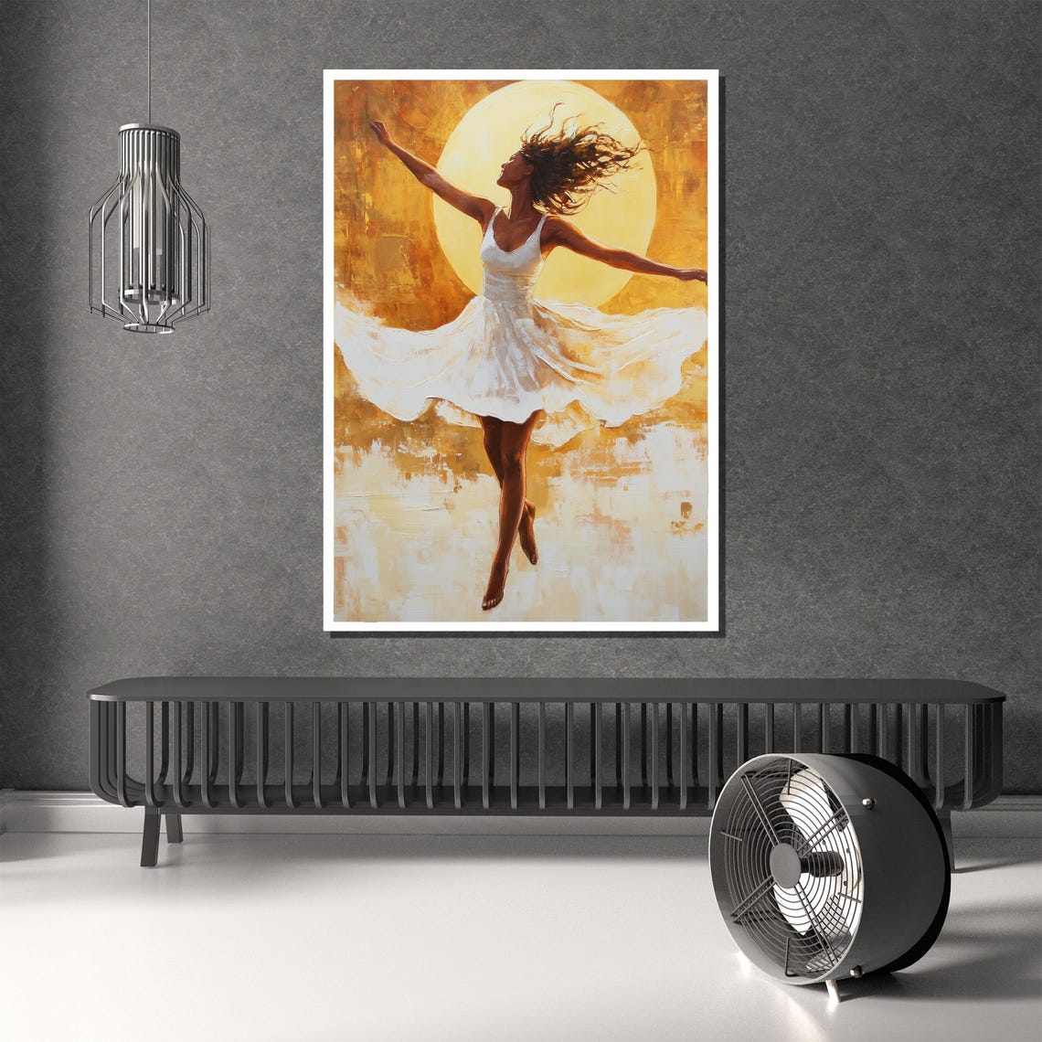 Joyful Dancing Woman in White Dress Before a Golden Sun Poster - Image 2