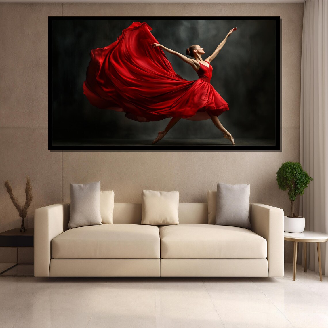 Ballerina in a Flowing Red Dress Dancing in Dark Mood Poster - Image 4