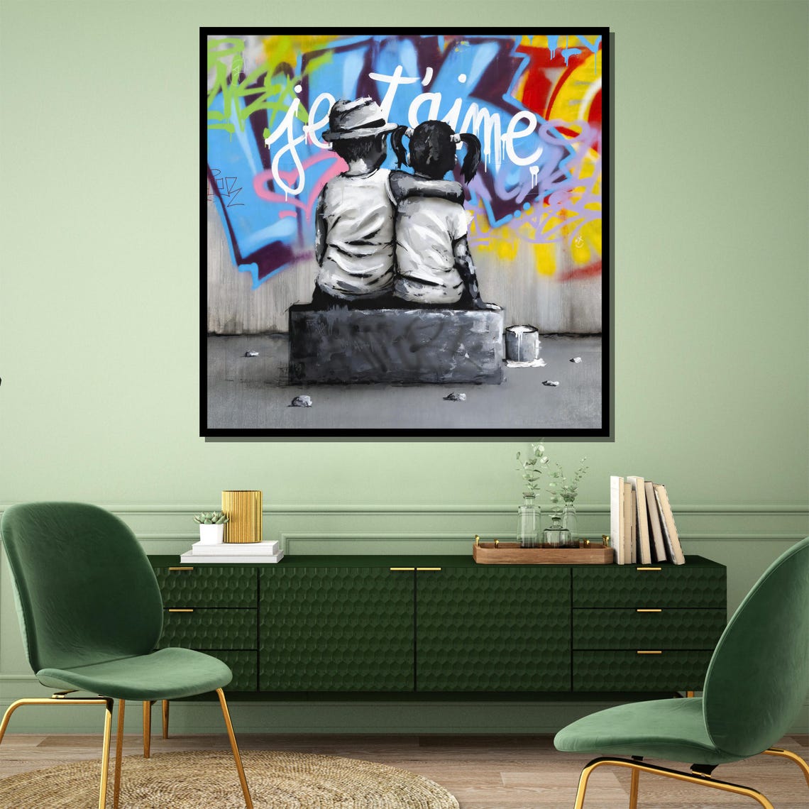 Kids Sitting Before a Je Taime Graffiti Wall Romantic Art Poster - Image 4