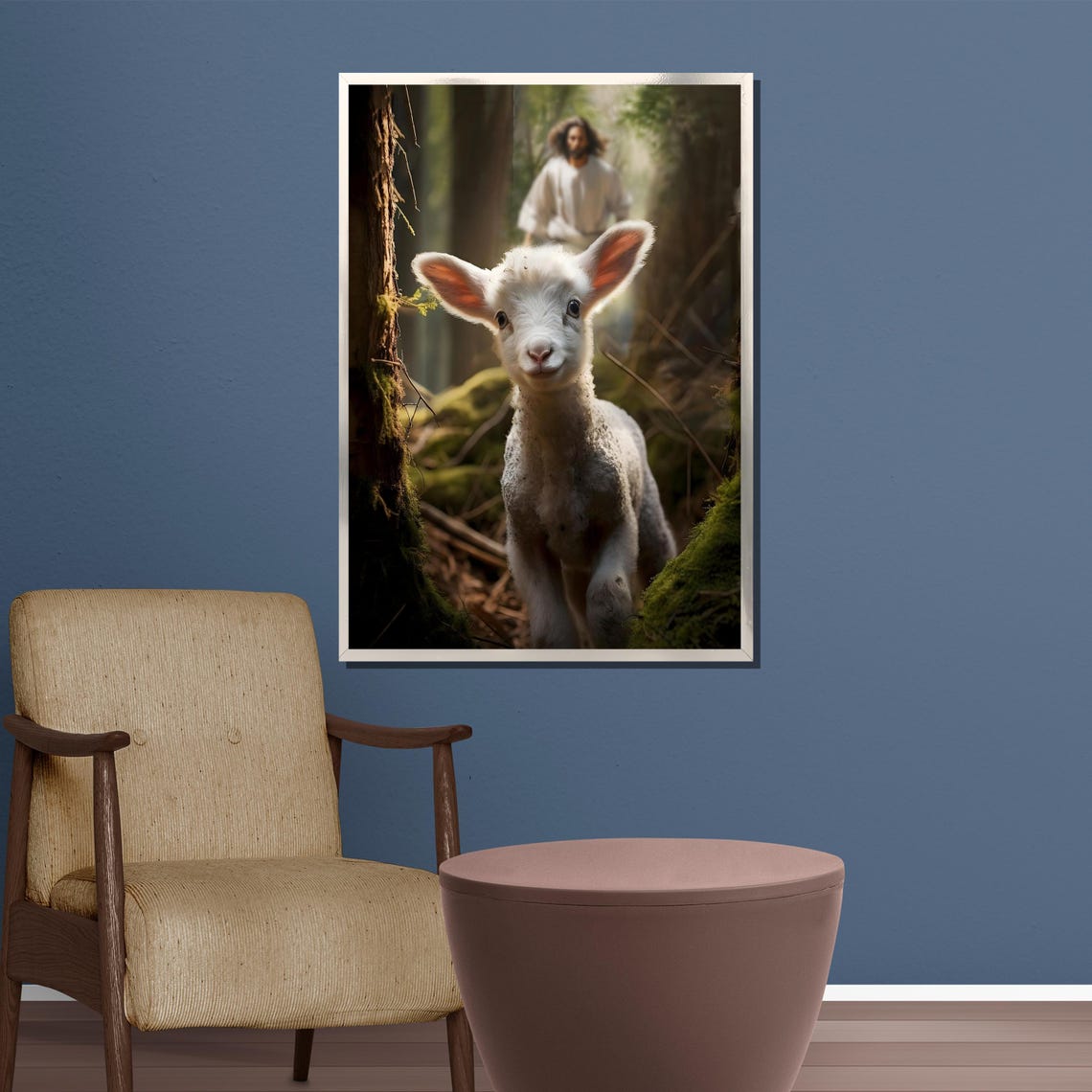 Lamb of God Gentle White Lamb in Forest with Jesus Behind Poster - Image 5
