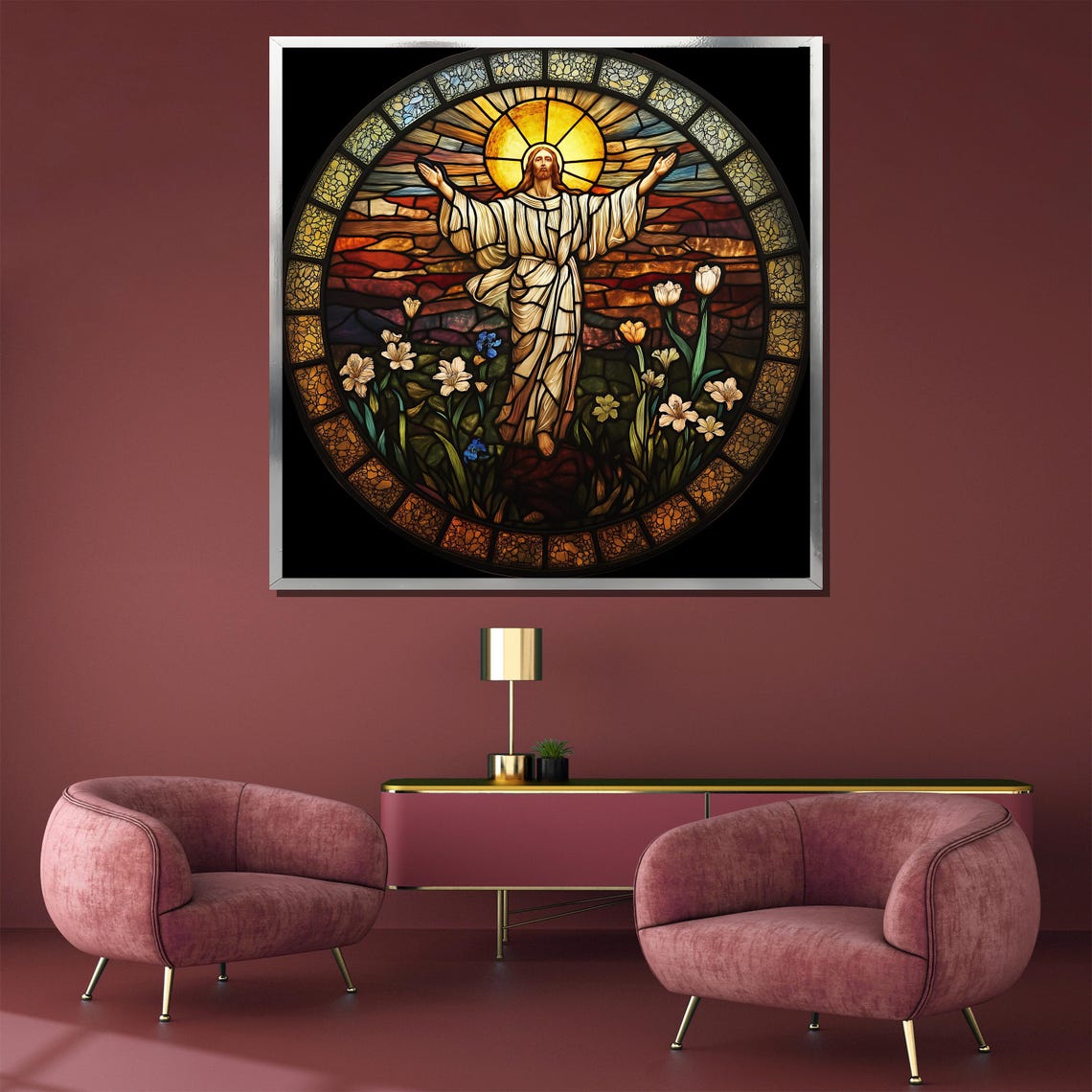 Jesus Resurrection Stained Glass Circle Garden Flowers Art Poster - Image 5