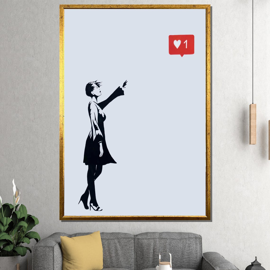 Stencil Woman Releasing A Bird Toward A Red Like Icon Poster