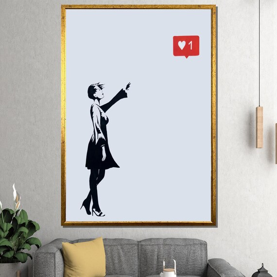 Stencil Woman Releasing A Bird Toward A Red Like Icon Poster