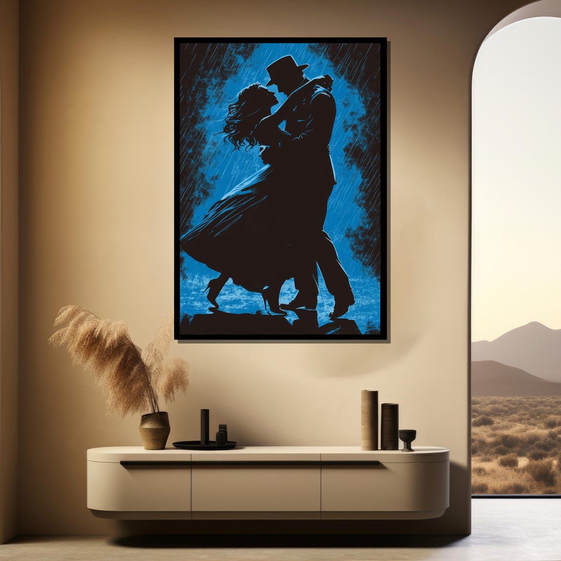 Silhouette Couple Dancing In Rain Painting Romantic Blue Wall Art And Unique Gift For Dance Lovers - Image 4
