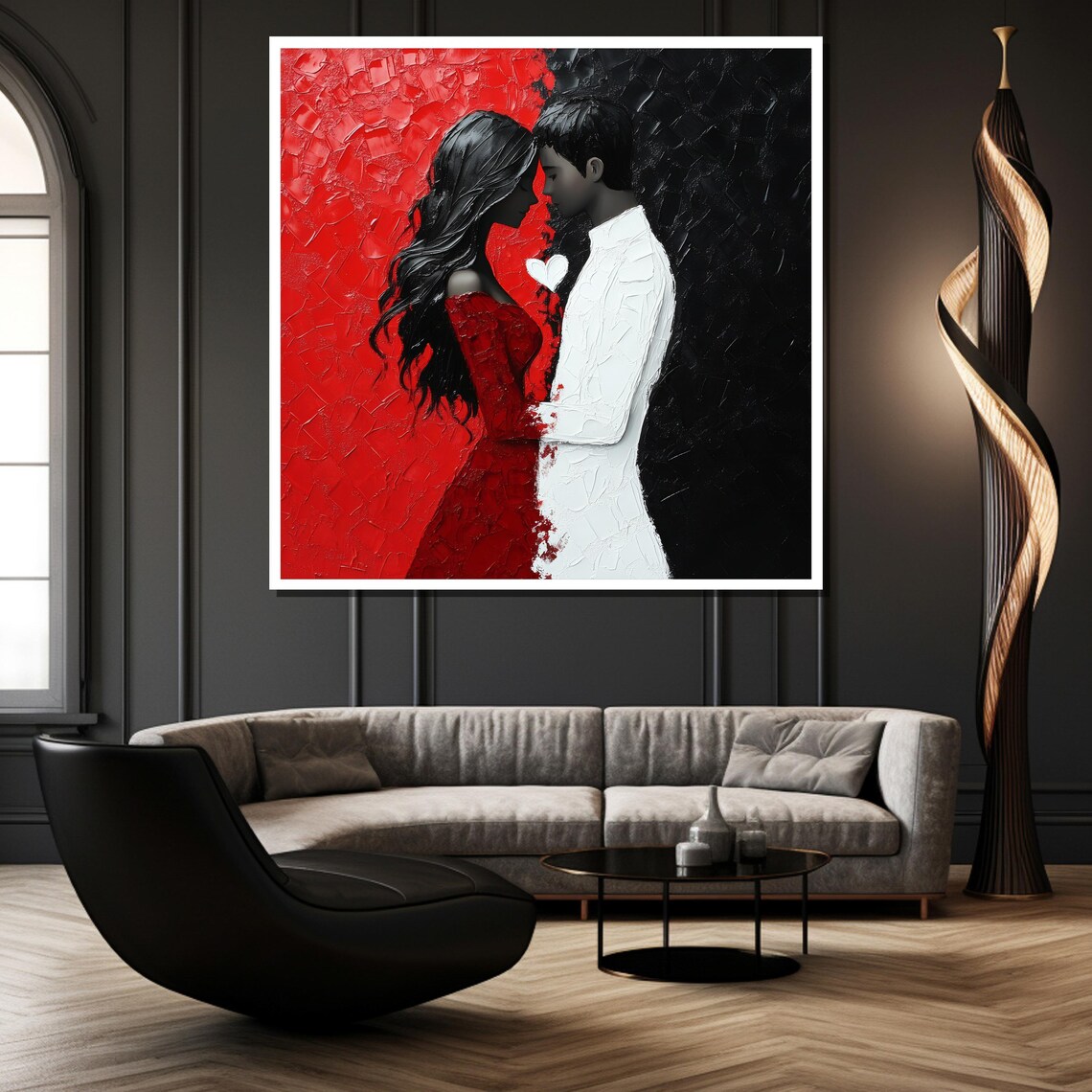 Red And Black Passionate Couple Textured Love Painting Art Poster - Image 3