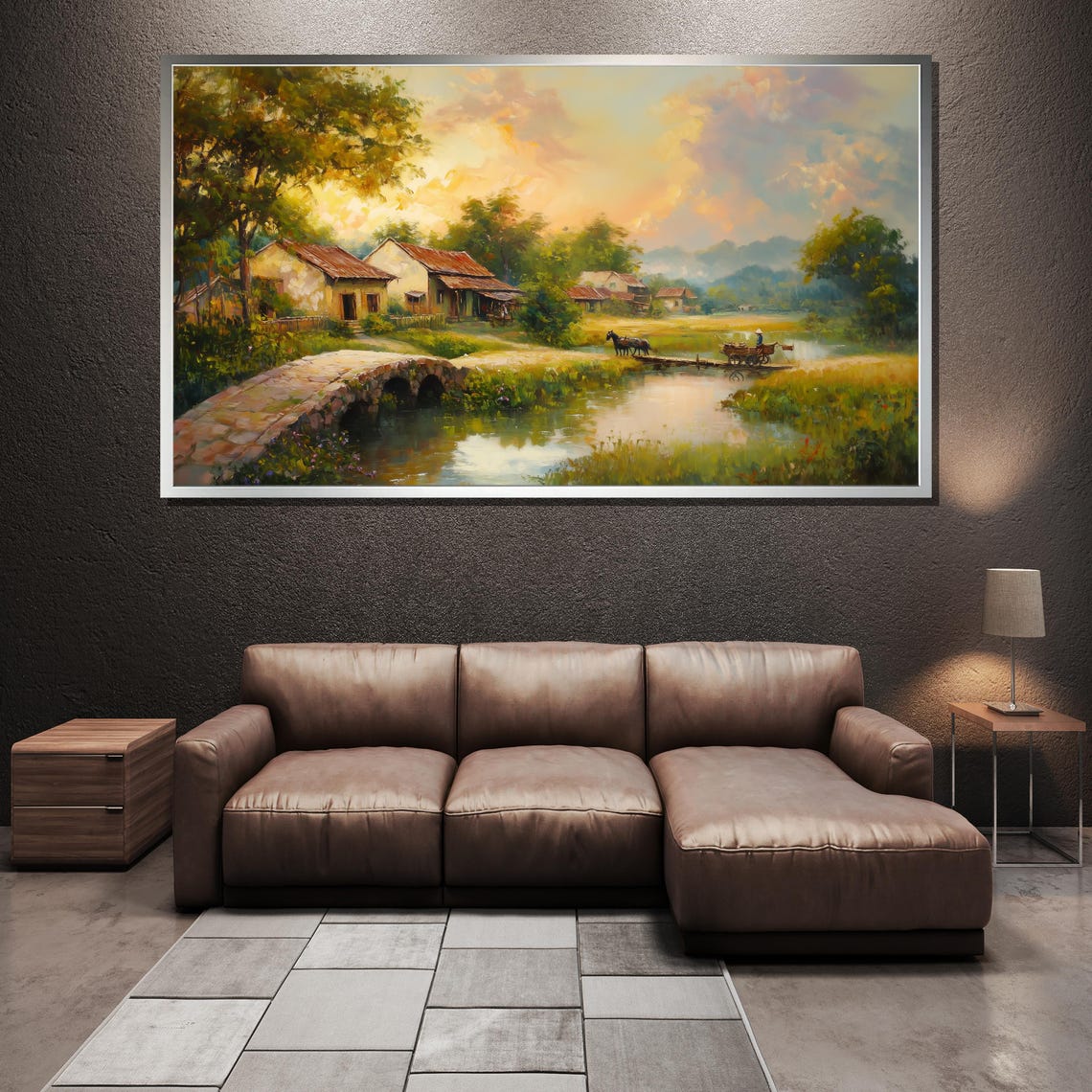Rustic Stone Bridge Village Stream Horse Cart Sunset Art Poster - Image 3