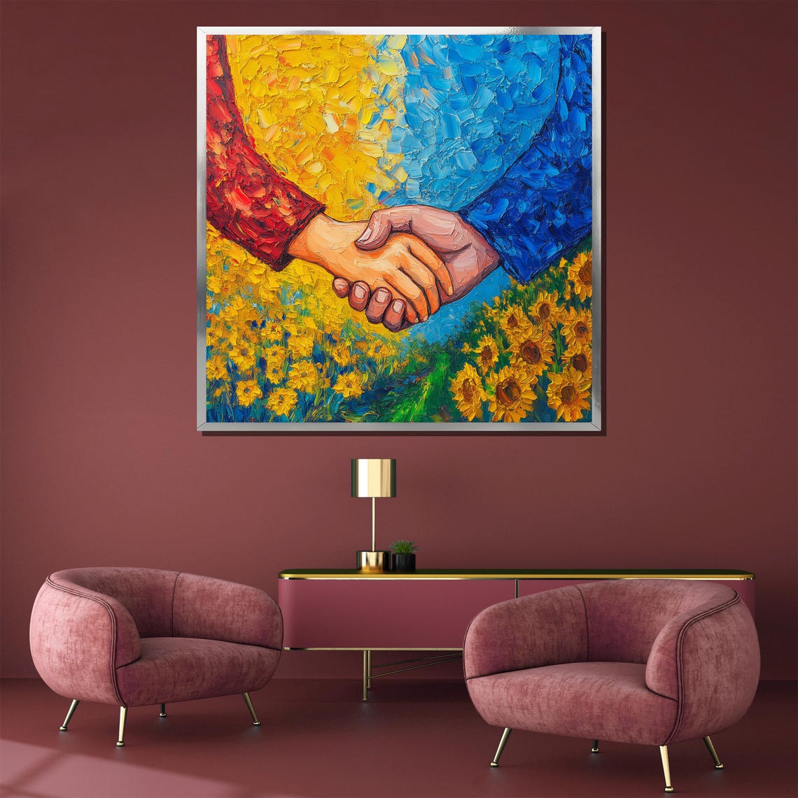 Unity And Friendship Handshake Sunflower Joyful Painting Poster - Image 4