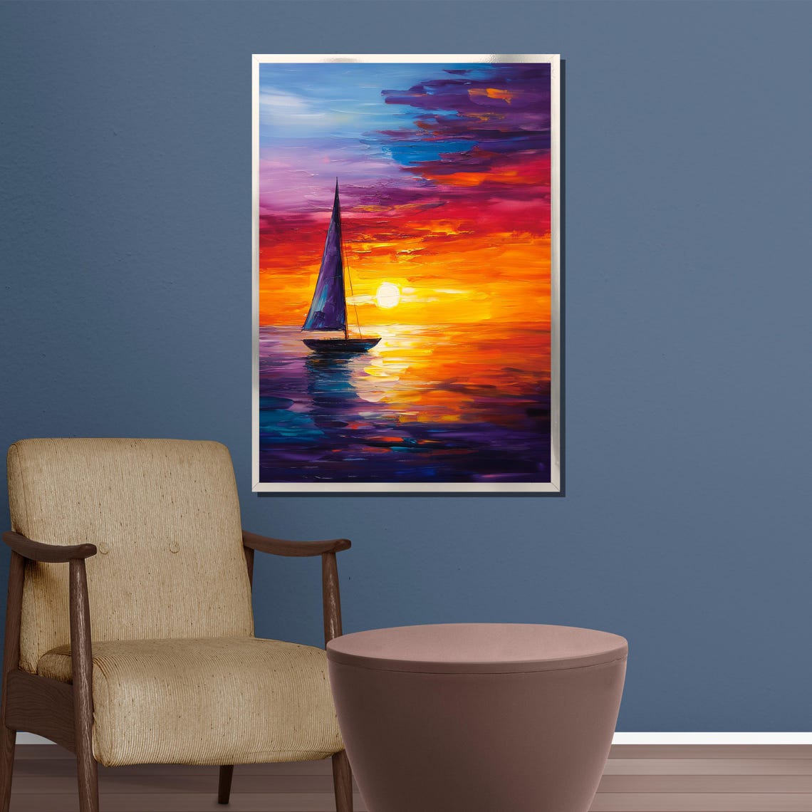 Vibrant Sailboat At Fiery Sunset Impasto Seascape Art Poster - Image 3