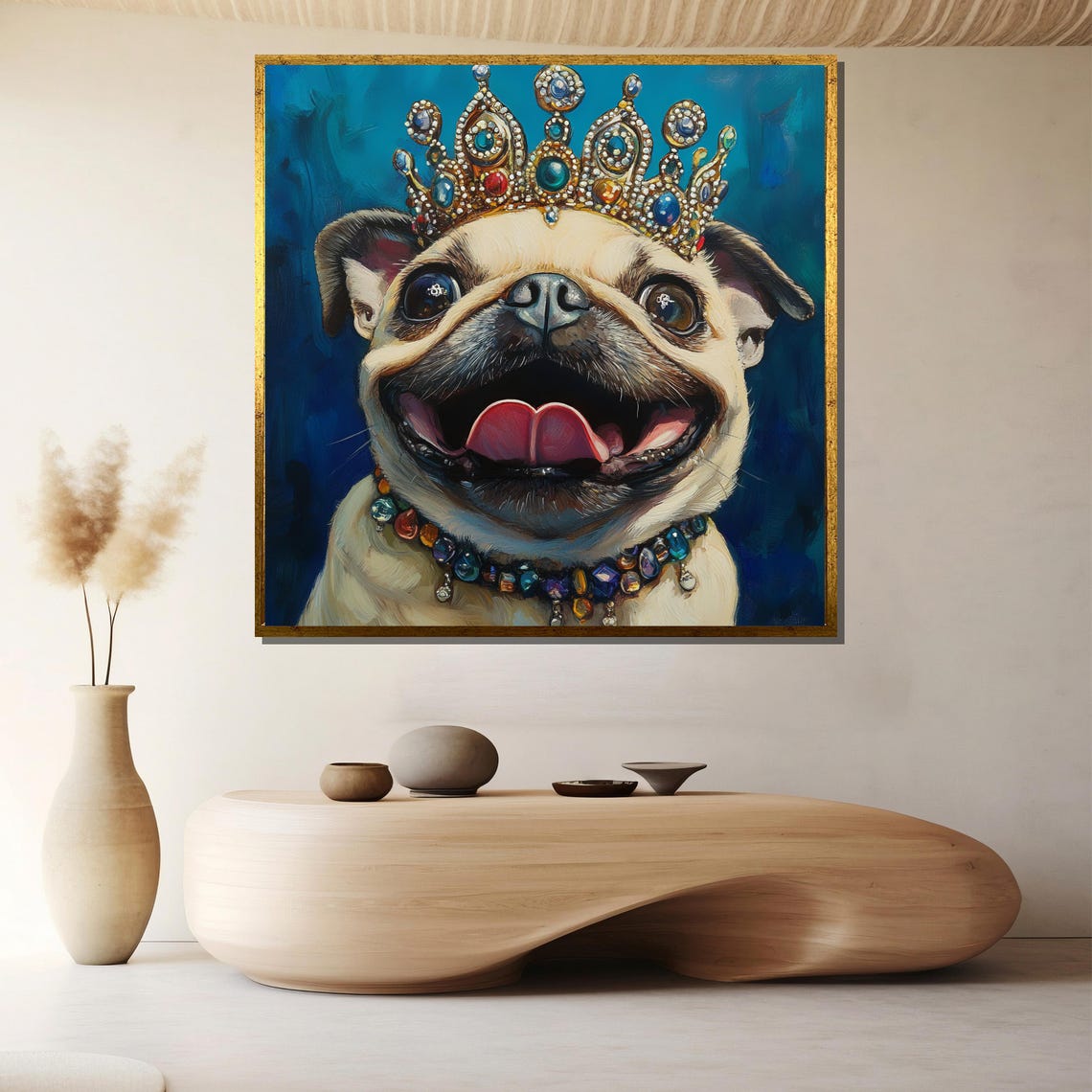 Smiling Pug Wearing a Sparkling Jeweled Crown Cute Funny Poster