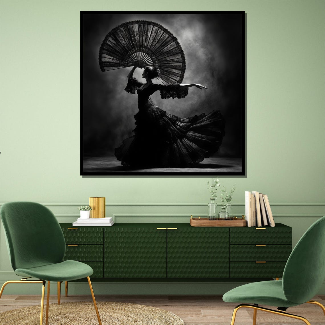 Black and White Flamenco Dancer Holding an Ornate Lace Fan Poster - Image 4