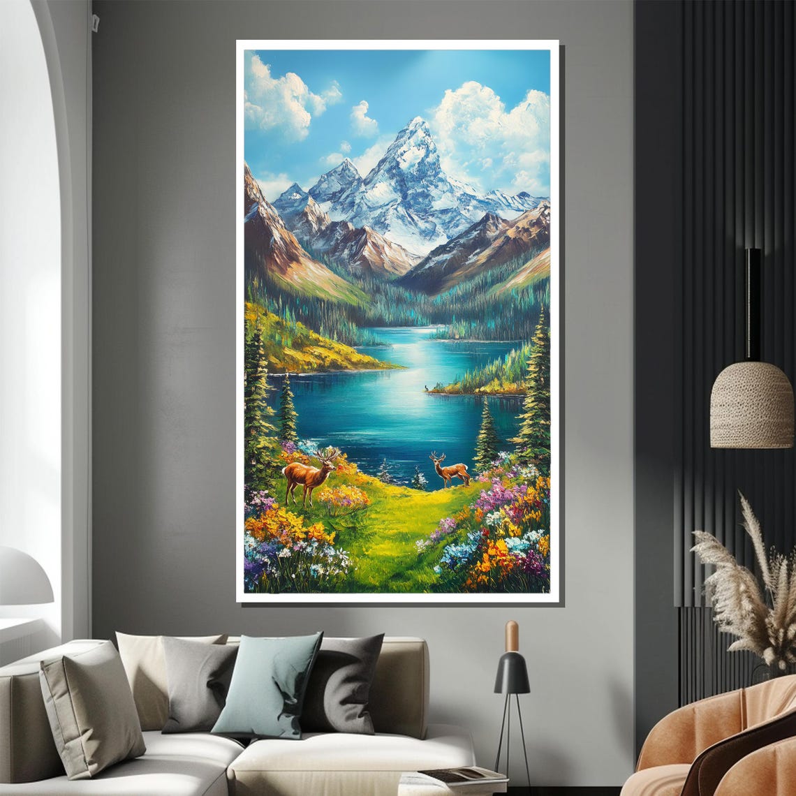 Snowcapped Mountain Lake Deer and Wildflower Meadow Scenic Poster - Image 2