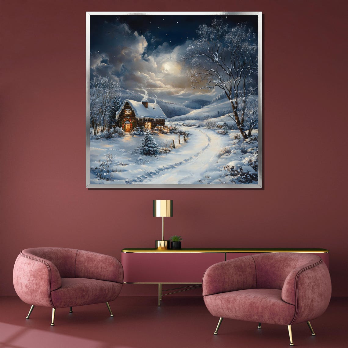 Snowy Cabin Under Moonlight Cozy Winter Night Scene Art Poster - Image 3