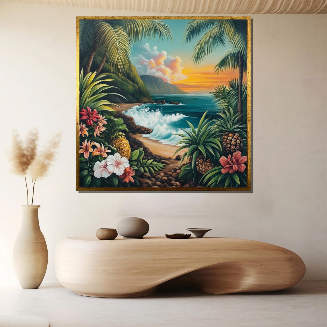 Hawaiian Sunset Palms Pineapples Hibiscus Beach Tropical Poster