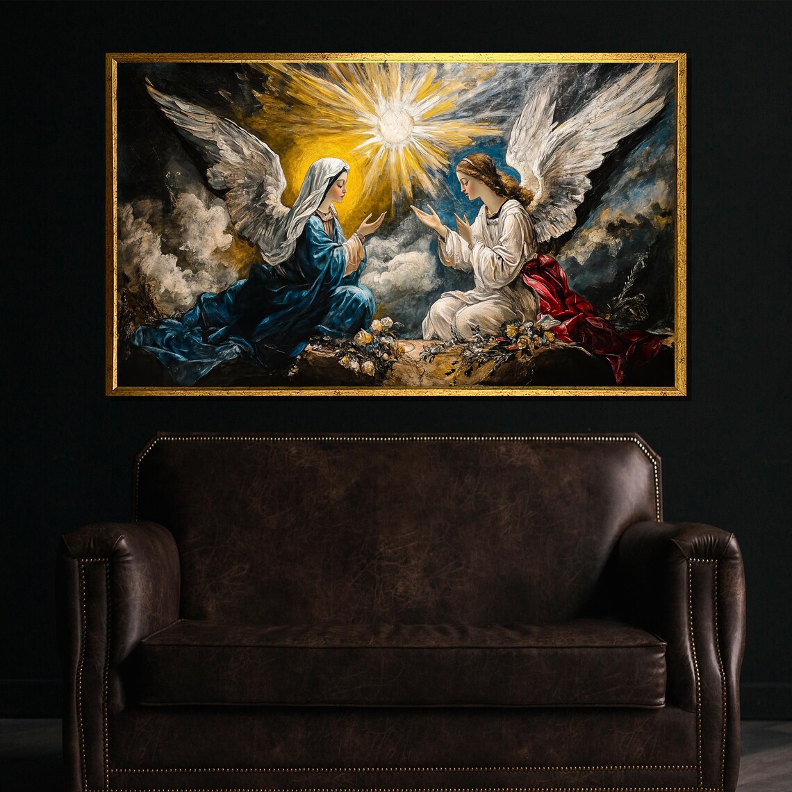 Two Angels Golden Light Heavenly Christian Spiritual Art Print