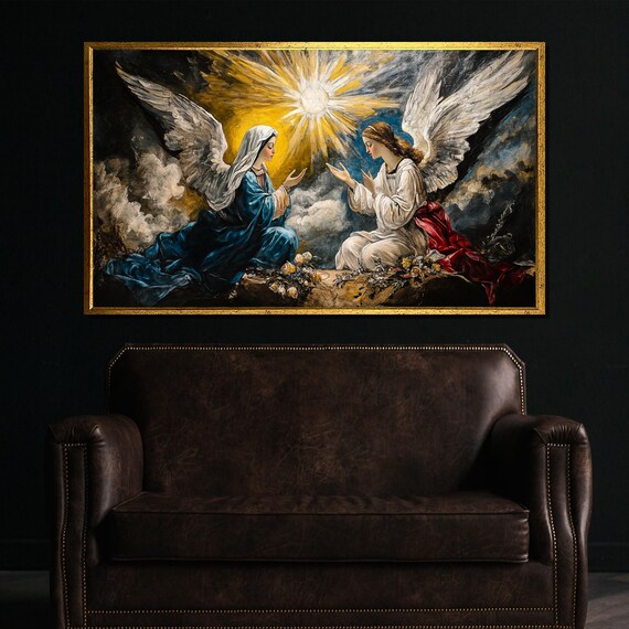 Two Angels Golden Light Heavenly Christian Spiritual Art Print