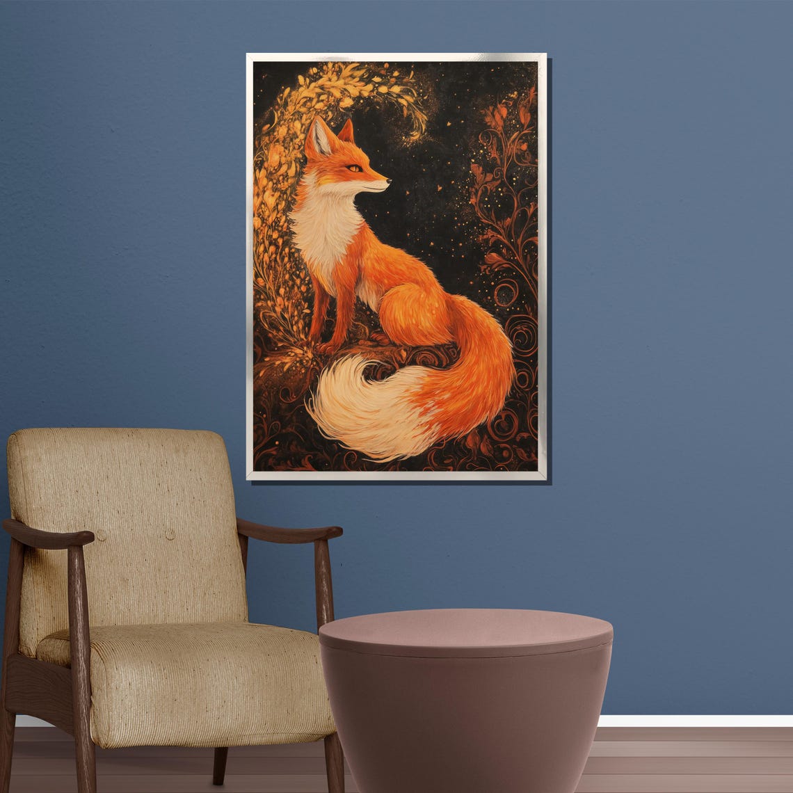 Fiery Red Fox With Golden Botanical Florals Dark Elegant Poster - Image 3